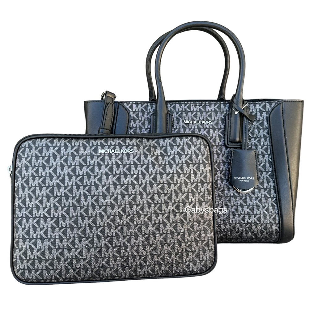 Michael Kors Kali Medium Satchel Crossbody Signature MK + Ipad Case Black Silver - Picture 4 of 9